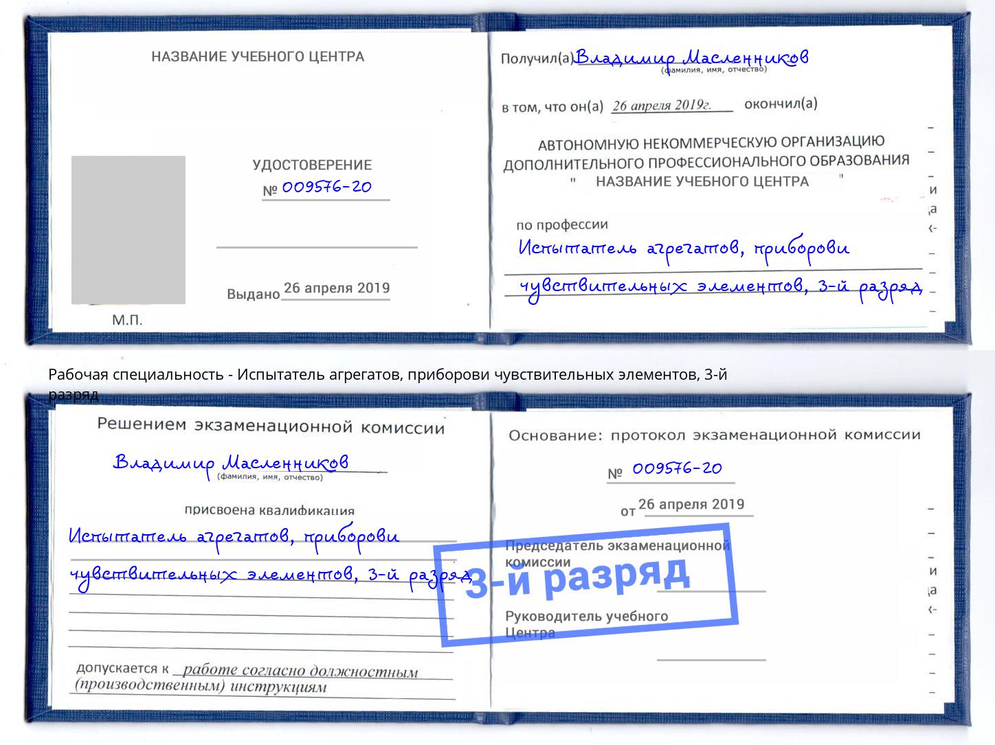 корочка 3-й разряд Испытатель агрегатов, приборови чувствительных элементов Осинники