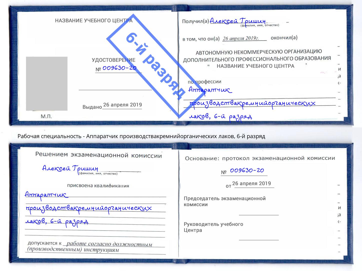 корочка 6-й разряд Аппаратчик производствакремнийорганических лаков Осинники